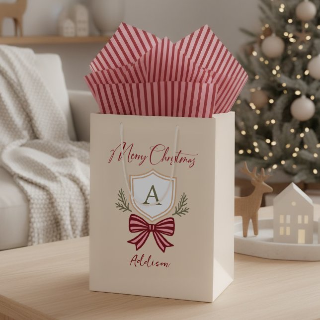 Sac Cadeau Moyen Joli Monogram Personnalisé Crest Bow Noël (Listing for gift bag only.  Tissue paper sold separately.)