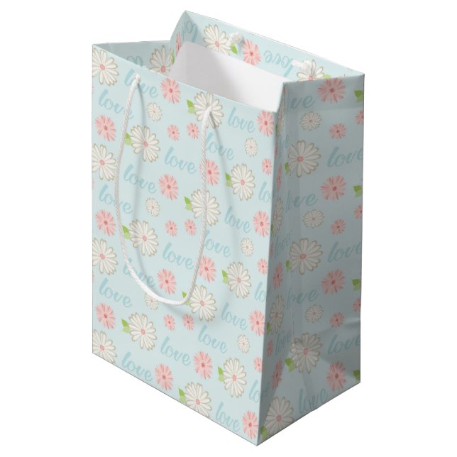 Sac Cadeau Moyen Joli Pastel Amour et Fleurs Motif (Devant Angle)
