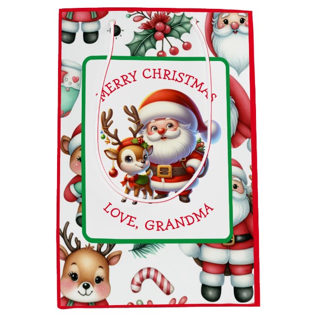 Sac Cadeau Moyen Joli Père Noël et Reindeer Noël personnalisé (Devant)