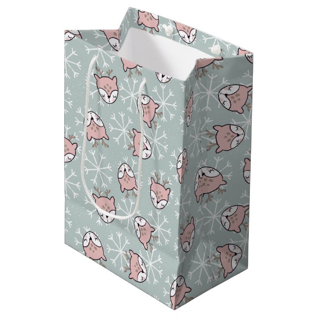 Sac Cadeau Moyen Joli Pink Reindeen Snowflake Enfants Vacances (Devant Angle)