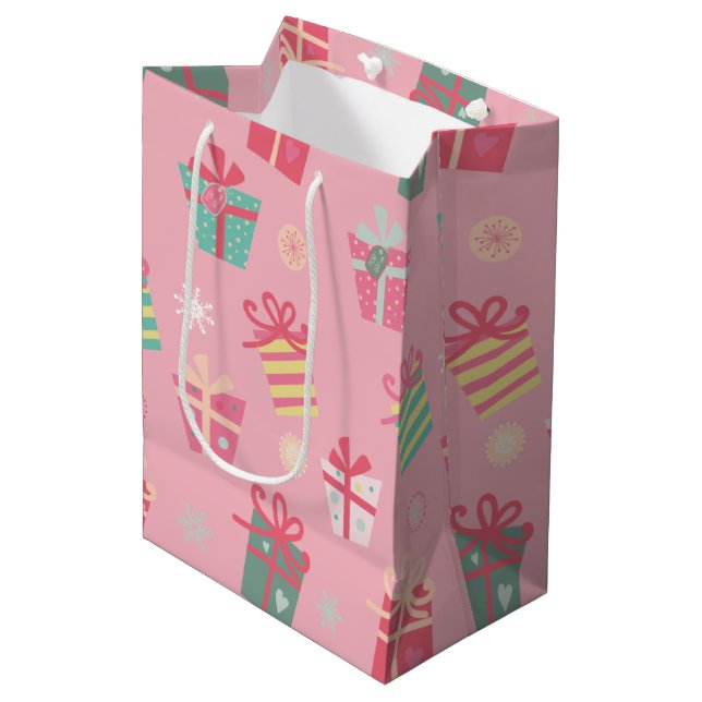 Sac Cadeau Moyen Joli rose rétro présente Noël (Devant Angle)