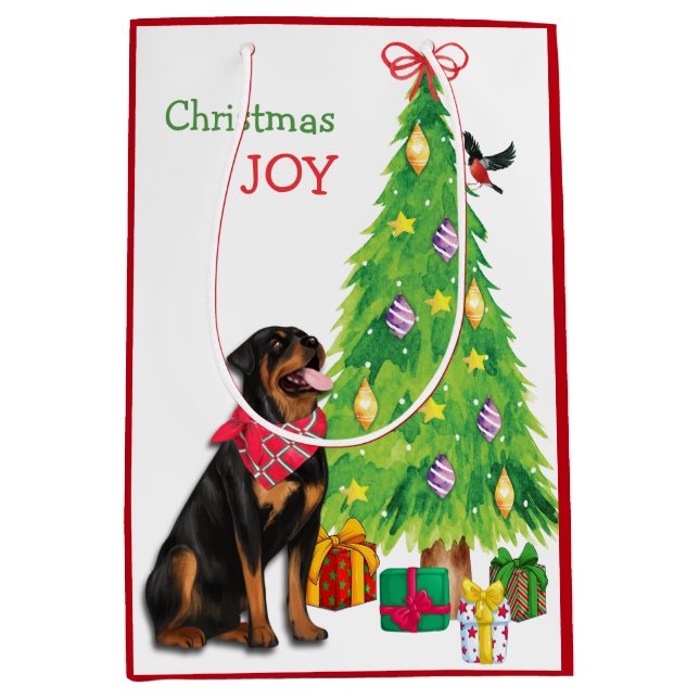 Sac Cadeau Moyen Joli Rottweiler, oiseau et arbre de Noël (Devant)