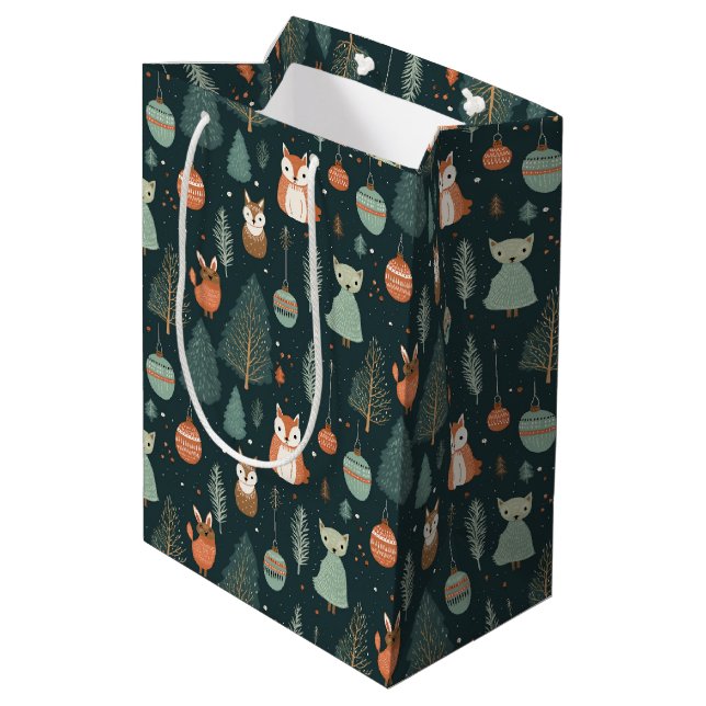 Sac Cadeau Moyen Joli Sage Green Winter Woodland Renards Noël (Dos Angle)