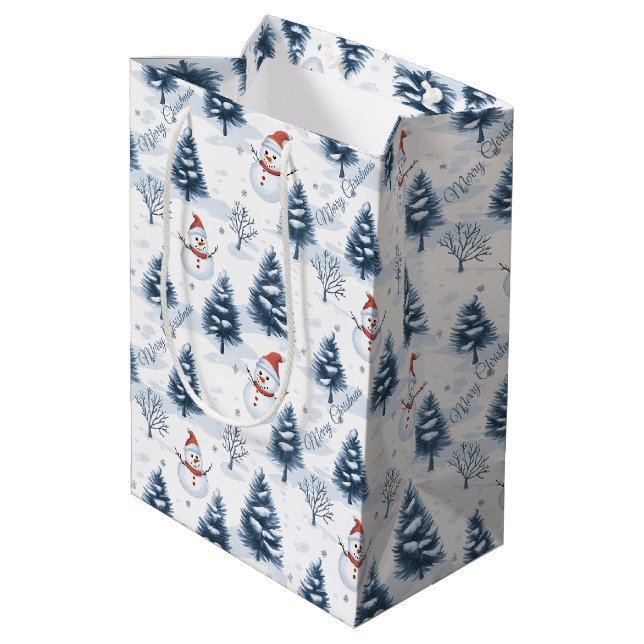 Sac Cadeau Moyen Joli Snowman Et Snowy Trees Joyeux Noël (Dos Angle)