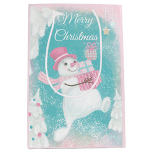 Sac Cadeau Moyen Joli Snowman rose et Mint Noël