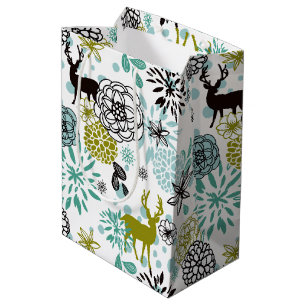 Sac Cadeau Moyen Joli Turquoise Blue Green Floral Et Deer Art Motif