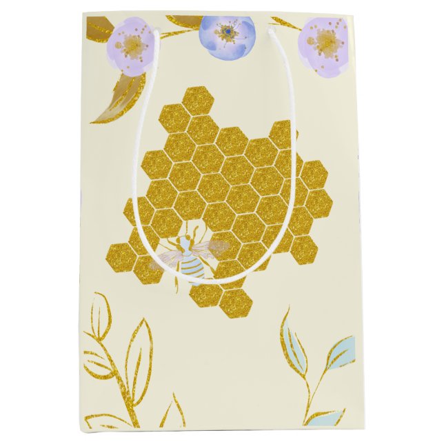 Sac Cadeau Moyen Jolie Aquarelle Fleur de Miel Doré Beehive (Devant)