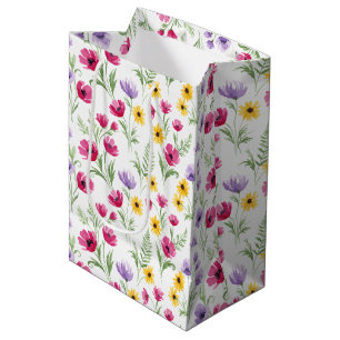 Sac Cadeau Moyen Jolie aquarelle florale jaune, violette, rose