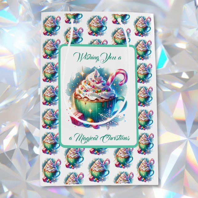 Sac Cadeau Moyen Jolie Coupe de Noël d'aquarelle de cacao chaud (Créateur téléchargé)