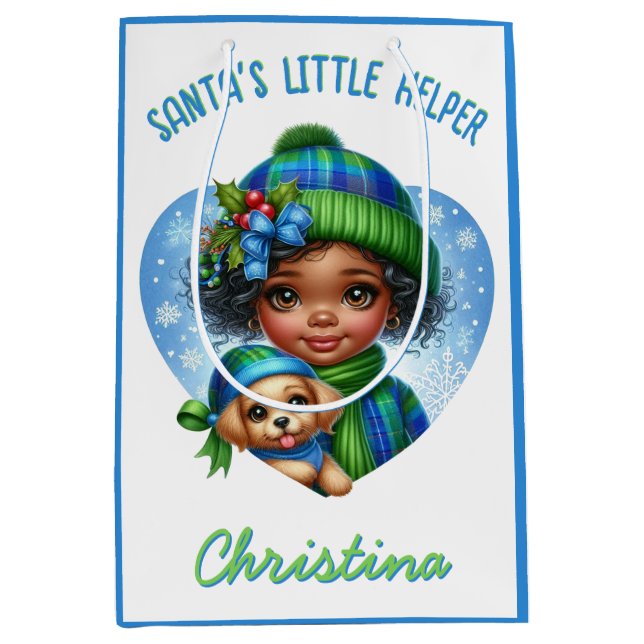 Sac Cadeau Moyen Jolie fille afro-américaine avec chiot hiver (Devant)