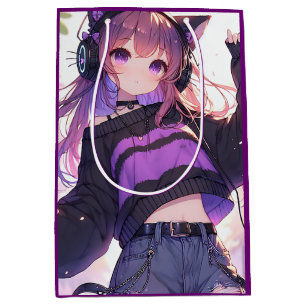 Sac Cadeau Moyen Jolie fille d'anime avec casque audio pour anniver