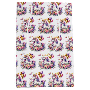 Sac Cadeau Moyen Jolie licorne rose, violette et or pour fête d'ann