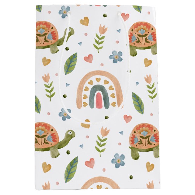 Sac Cadeau Moyen Jolie tortue aquarelle et Motif arc-en-ciel (Devant)