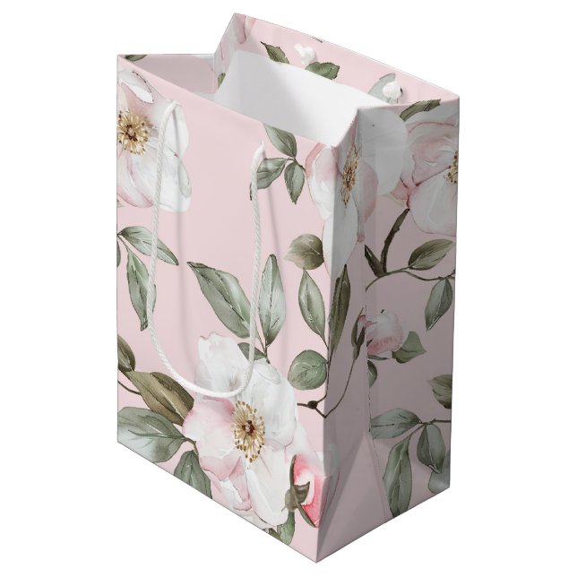 Sac Cadeau Moyen Jolies Fleurs Roses Blanches pour une Mariée (Devant Angle)