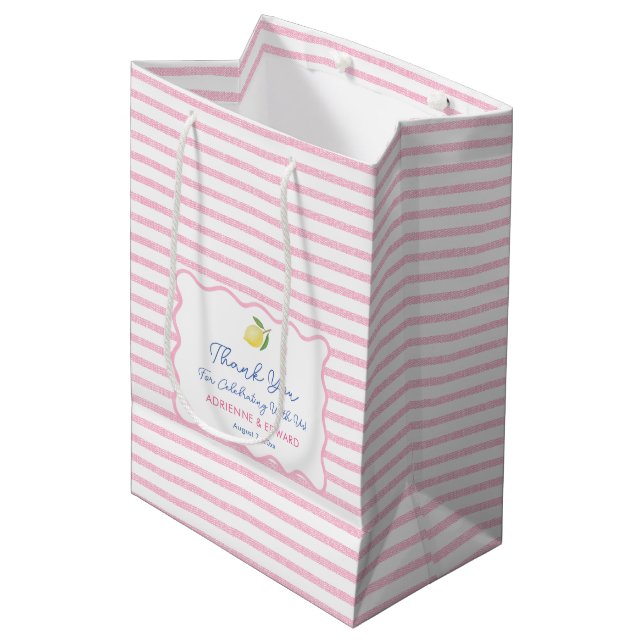 Sac Cadeau Moyen Jolies Remerciements de Mariage aux Citrons Rose D (Devant Angle)