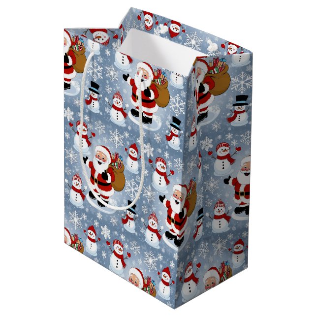 Sac Cadeau Moyen Jolly Santa Claus et Snowmen Motif de Noël (Dos Angle)