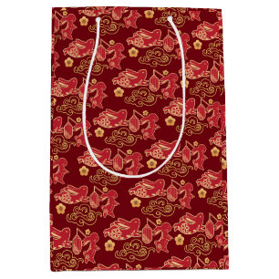 Sac Cadeau Moyen Joyeuse année du lapin chinois Rouge or luxe