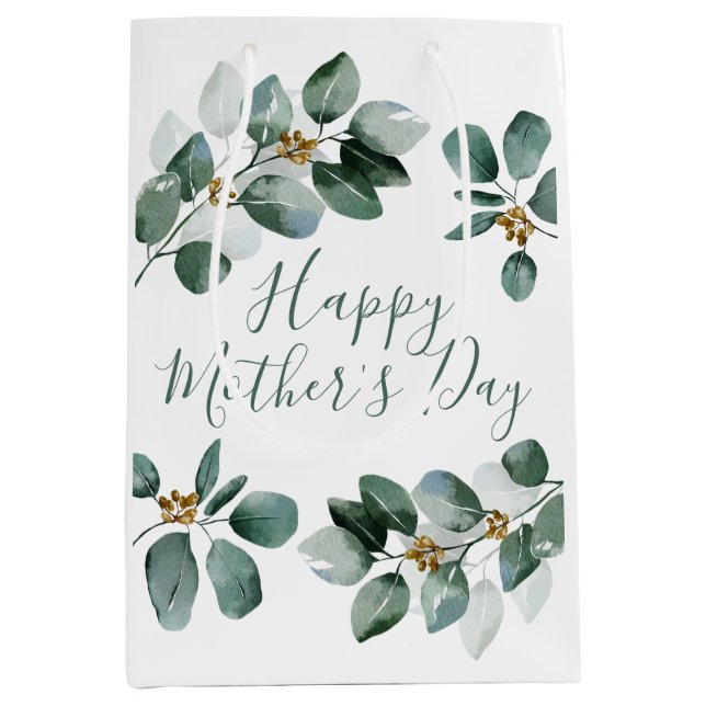 Sac Cadeau Moyen Joyeuse Fête des Mères Eucalyptus Aquarelle Foliag (Devant)