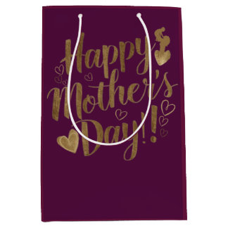 Sac Cadeau Moyen Joyeuse Fête des Mères Or Cœur Script