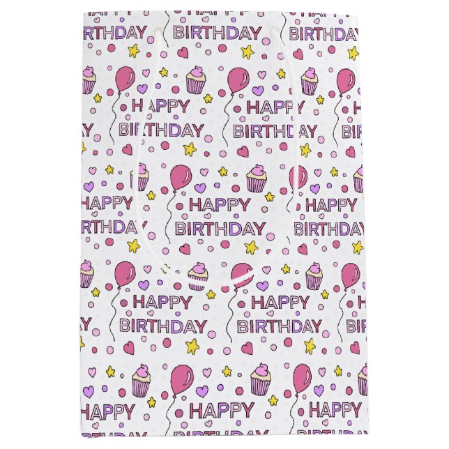 Sac Cadeau Moyen Joyeuse fille d'anniversaire rose et jaune (Devant)