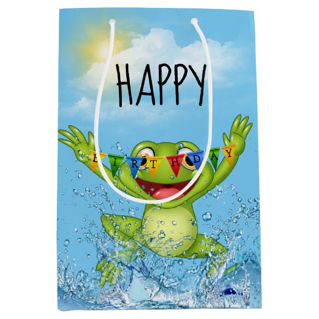 Sac Cadeau Moyen Joyeuse Grenouille D'Anniversaire Dans L'Eau (Devant)