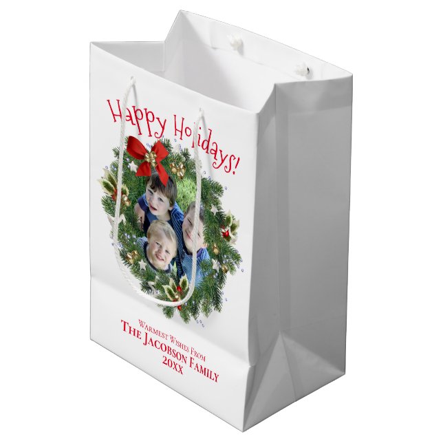 Sac Cadeau Moyen Joyeuses fêtes amusantes Noël Wreath Photo Frame (Devant Angle)