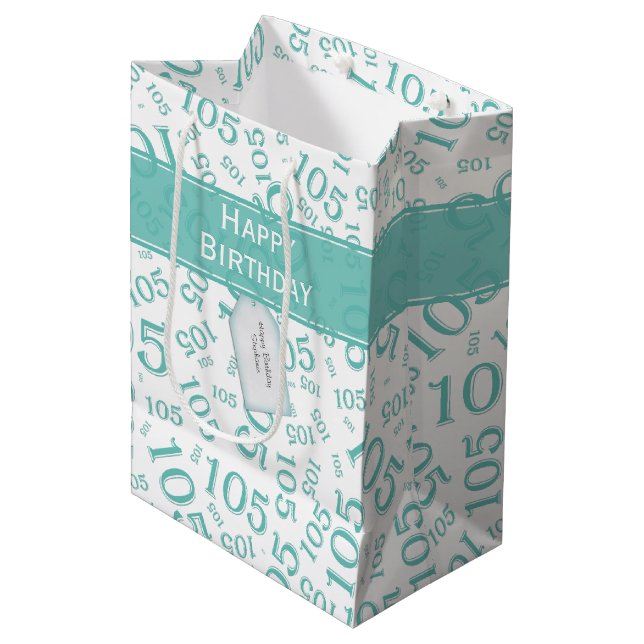 Sac Cadeau Moyen Joyeux 105e anniversaire Turquoise Motif nombre al (Devant Angle)