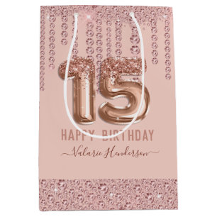 Sac Cadeau Moyen Joyeux 15e anniversaire des gouttes de diamant ros