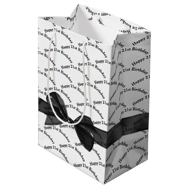 Sac Cadeau Moyen Joyeux 21e anniversaire noir Bow sur blanc (Dos Angle)