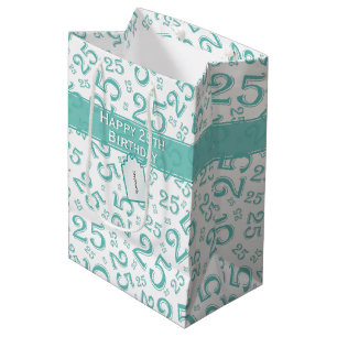 Sac Cadeau Moyen Joyeux 25e anniversaire Turquoise Motif nombre alé