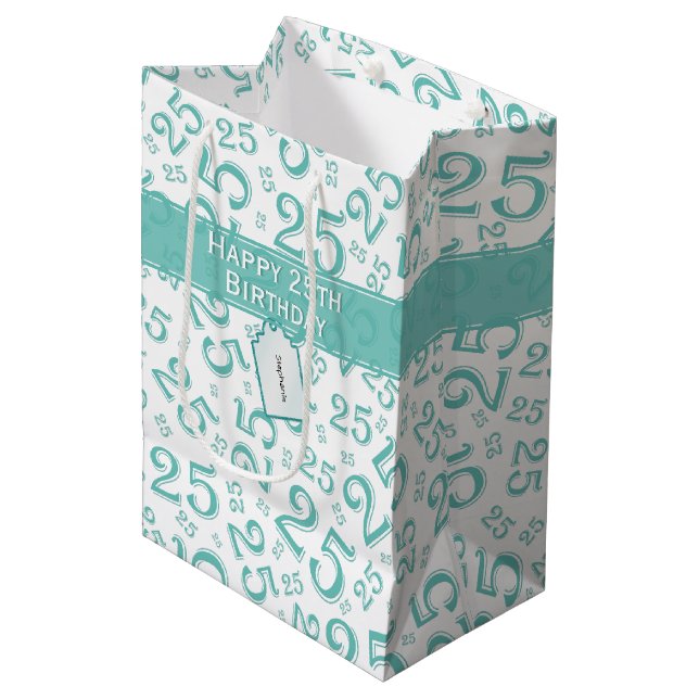 Sac Cadeau Moyen Joyeux 25e anniversaire Turquoise Motif nombre alé (Devant Angle)