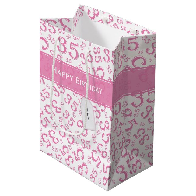 Sac Cadeau Moyen Joyeux 35e anniversaire Numéro Motif rose/blanc (Devant Angle)