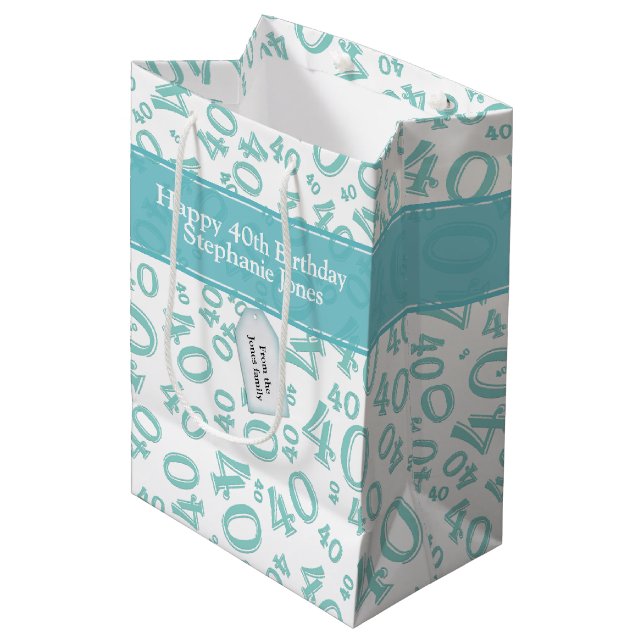 Sac Cadeau Moyen Joyeux 40e anniversaire Numéro Motif Turquoise/bla (Devant Angle)