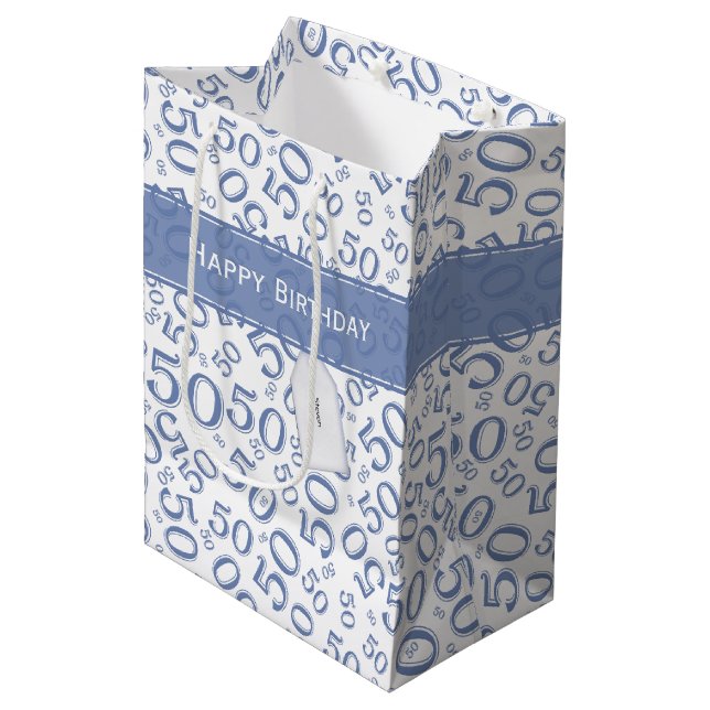 Sac Cadeau Moyen Joyeux 50e anniversaire Numéro Motif Bleu/Blanc (Devant Angle)