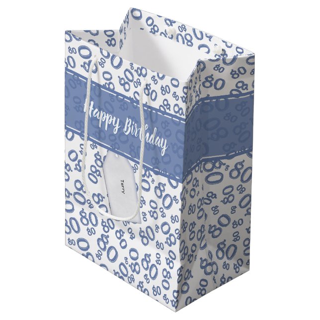 Sac Cadeau Moyen Joyeux 80e anniversaire bleu et blanc Motif numéri (Devant Angle)