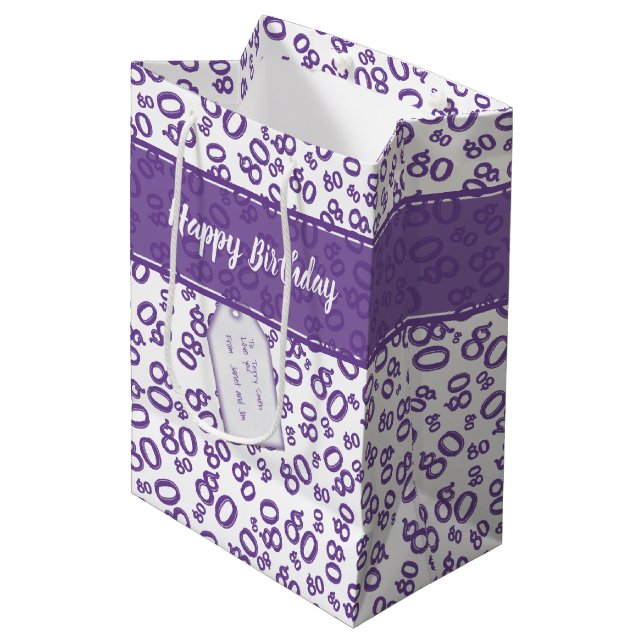 Sac Cadeau Moyen Joyeux 80e Motif de nombres aléatoires violets/bla (Devant Angle)