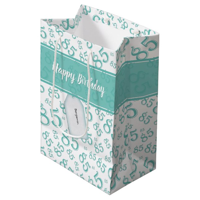 Sac Cadeau Moyen Joyeux 85e anniversaire Motif numéro Turquoise/bla (Devant Angle)