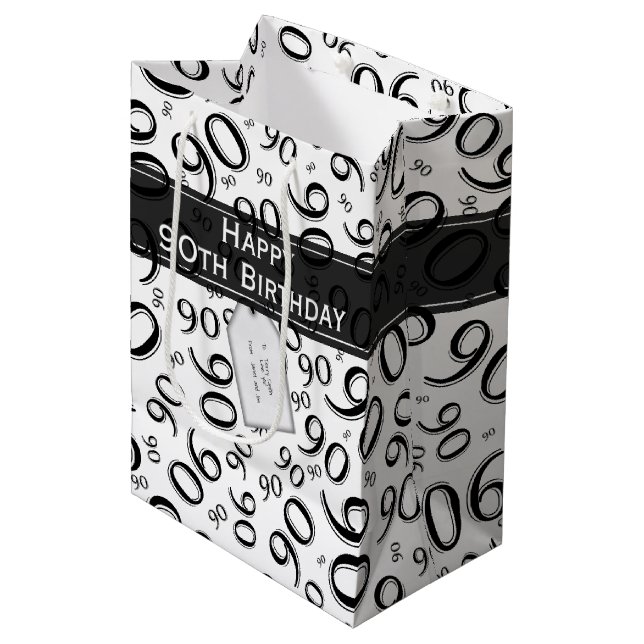 Sac Cadeau Moyen Joyeux 90e Motif de nombre aléatoire noir/blanc (Devant Angle)