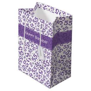 Sac Cadeau Moyen Joyeux Anniversaire Âge 55 Numéro Motif Pourpre/Bl