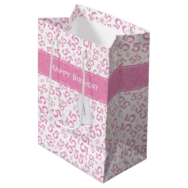 Sac Cadeau Moyen Joyeux Anniversaire Âge 55 Numéro Motif Rose/Blanc (Devant Angle)