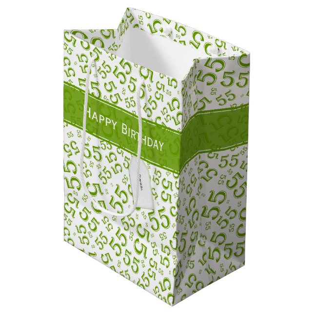 Sac Cadeau Moyen Joyeux anniversaire Age 55 Numéro Motif Vert/Blanc (Devant Angle)