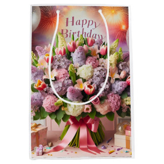 Sac Cadeau Moyen Joyeux anniversaire, bouquet lilas, par Natasha Us