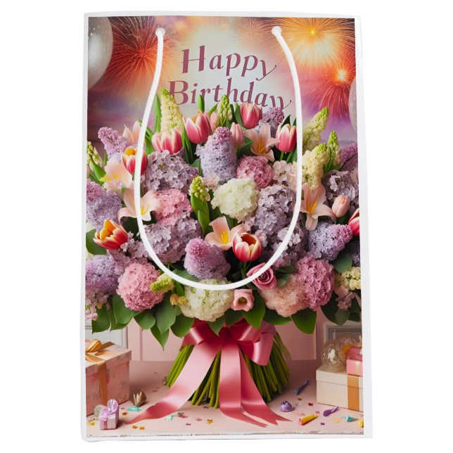 Sac Cadeau Moyen Joyeux anniversaire, bouquet lilas, par Natasha Us (Devant)