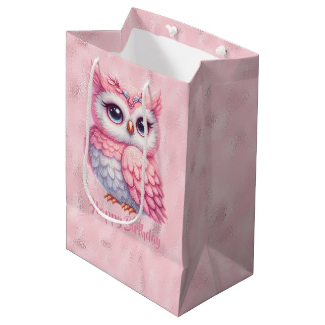 Sac Cadeau Moyen Joyeux Anniversaire Chouette rose sur rose (Devant Angle)