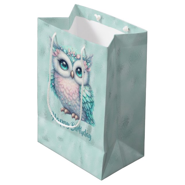 Sac Cadeau Moyen Joyeux Anniversaire Chouette Turquoise sur Shiny A (Devant Angle)