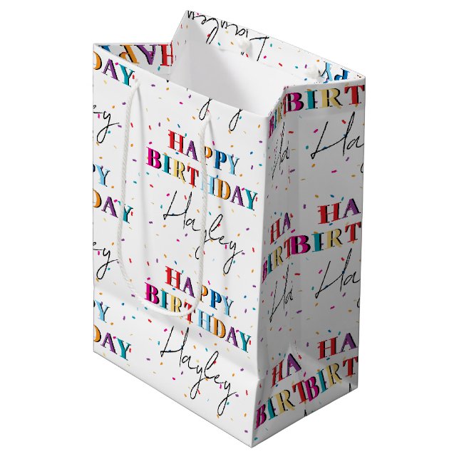 Sac Cadeau Moyen Joyeux anniversaire coloré Nom personnalisé Confet (Devant Angle)