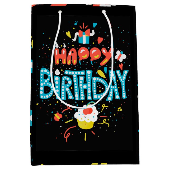 Sac Cadeau Moyen Joyeux anniversaire en noir (Devant)