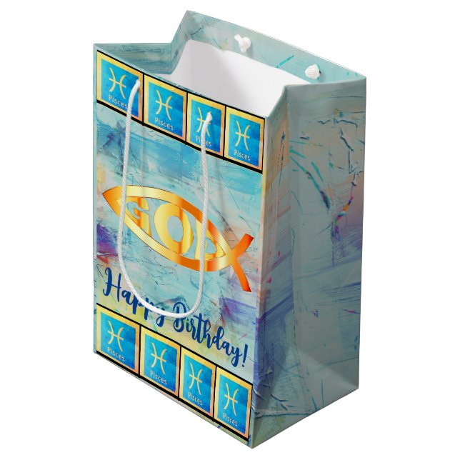 Sac Cadeau Moyen Joyeux Anniversaire /-Février 19 - Mars 20 Poisson (Devant Angle)