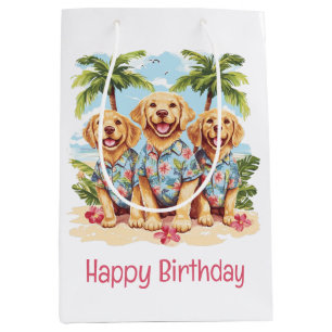 Sac Cadeau Moyen Joyeux anniversaire Golden Retriever Dogs Hawaiian