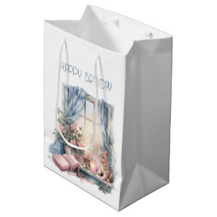 Sac Cadeau Moyen Joyeux Anniversaire Hiver Bleu rose Vitre victorie